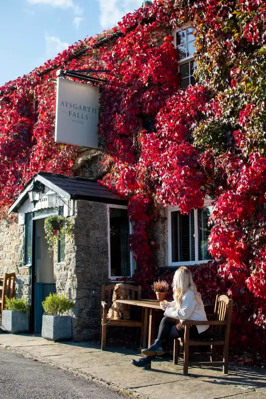 The front of the Aysgarth Falls Hotel covered in red Virginia creeper, with its sign and a guest at an outside table