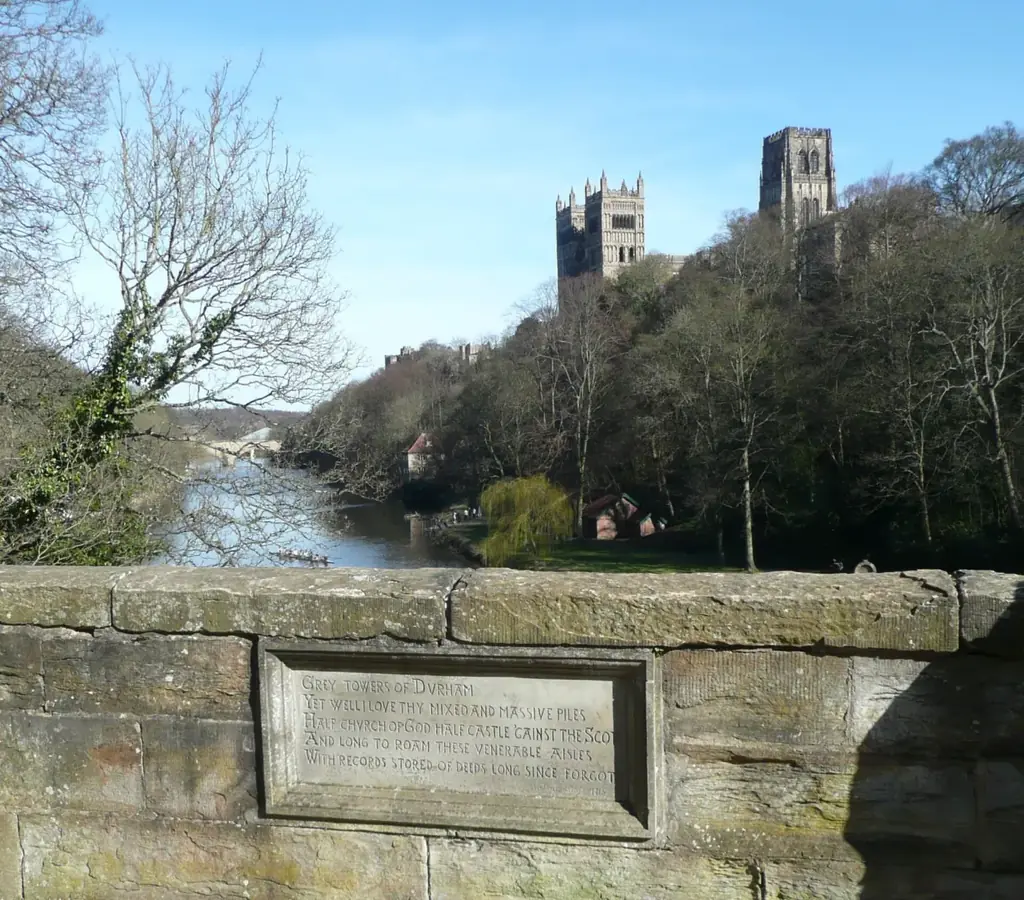 Prebends Bridge over the River Wear with Durham Cathedral above the trees