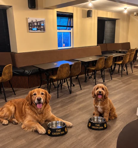A golden retriever and a cockapoo sitting by Green Inn branded water bowls inside the bar at the Green Inn, Skelton