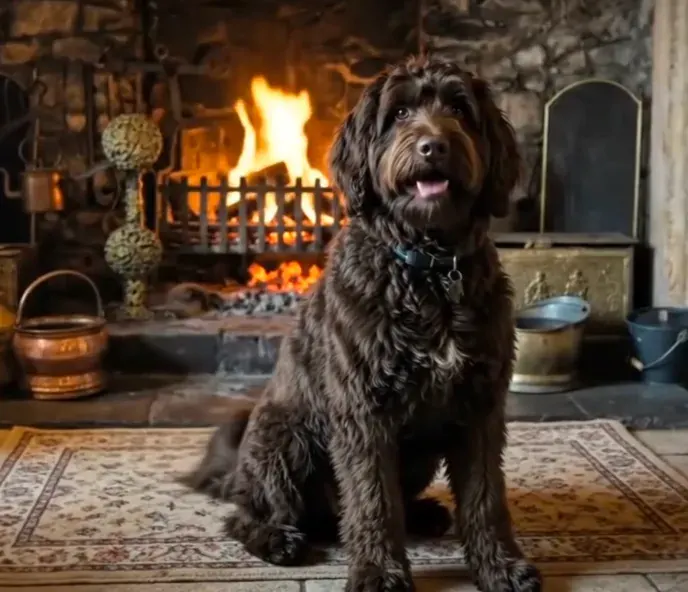 A chocolate brown curly coated dog sitting on a rug in front of the open fire at the King's Arms, Reeth